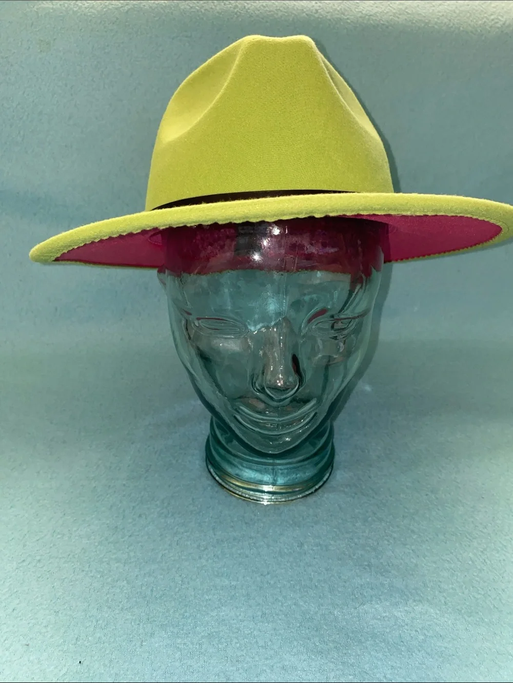 UNBRANDED Wide brim fedora felt two-tone lime green pink black hatband size OSFA